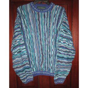 Tundra Canada Sz L Sweater 3D Textured Knit Coogi Style Colorful Blue Cotton VTG